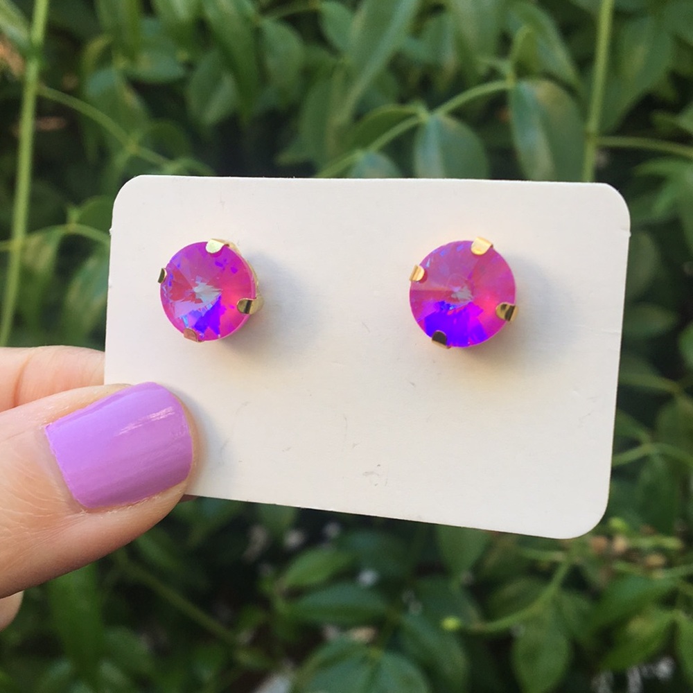 Fuchsia Hot Pink Aurora Borealis + Gold Rivoli Crystal Earrings - Picture 5 of 13